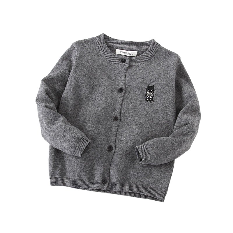 韩系童装春季男童纯棉蝙蝠侠针织开衫宝宝春季薄款毛衣外套深灰色