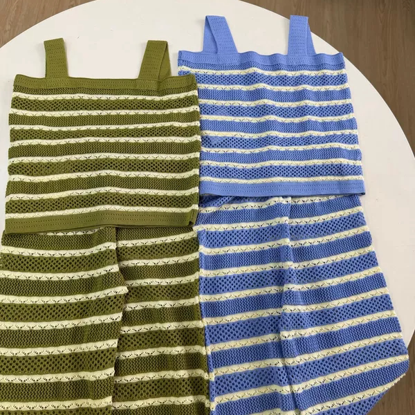 莫代尔棉女童吊带阔腿裤套装夏季条纹针织薄背心