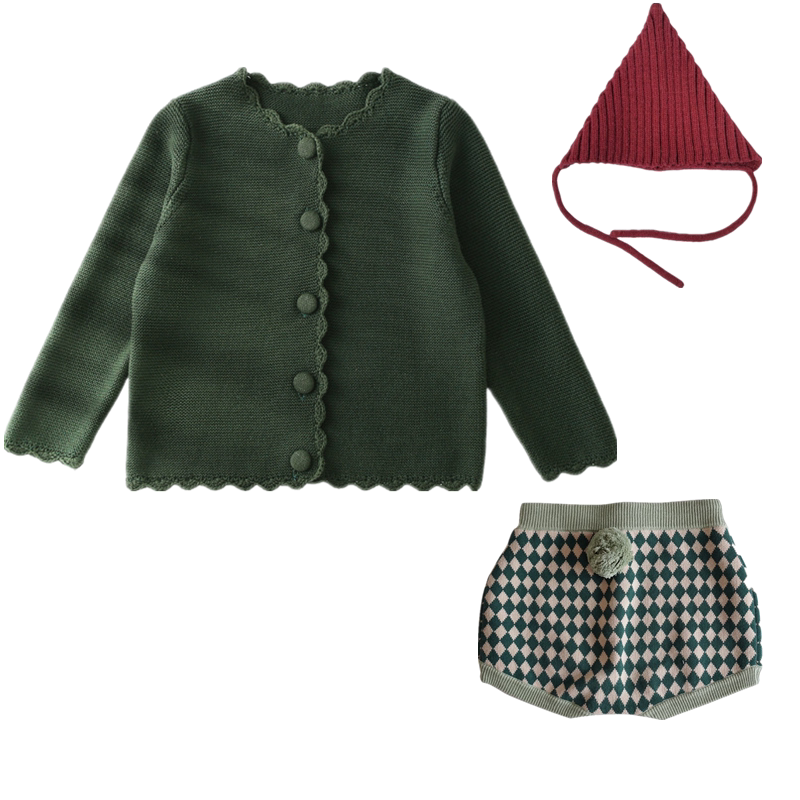 韩国ins童装新款女童粗针钩花棉线开衫绿色毛衣宝宝圣诞针织外套