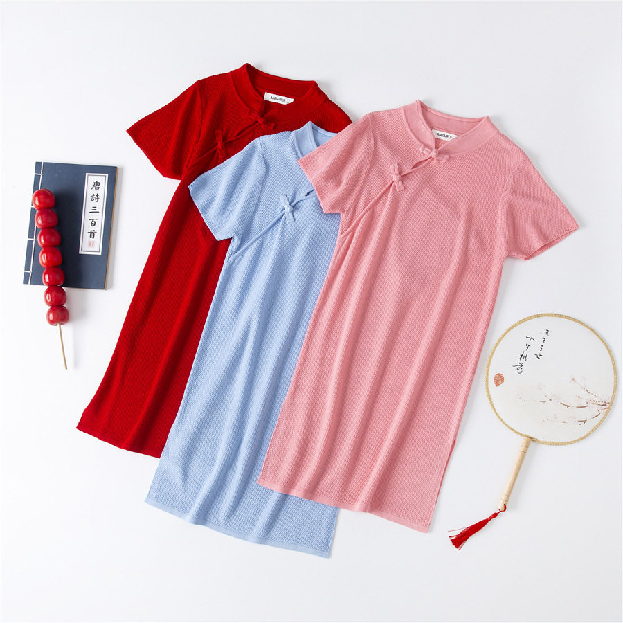 中式童装夏季女童冰丝针织盘扣旗袍纯棉宝宝短袖薄款连衣裙洋气红