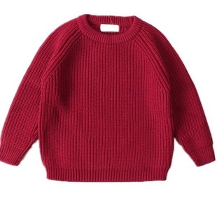 韩版男童酒红色毛衣婴儿粗针圆领宽松加厚针织衫大童亲子过年情侣