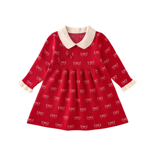 新中式国风童装女童婴儿红色翻领盘扣连衣裙冬季小公主毛衣裙过年