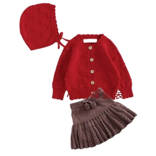 韩版童装女童婴儿红色纯棉泡泡球针织开衫毛衣外套带帽子新年上衣