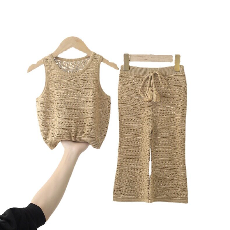 韩版童装ins夏季薄款女童纯棉薄款针织衫宝宝镂空背心阔腿裤套装