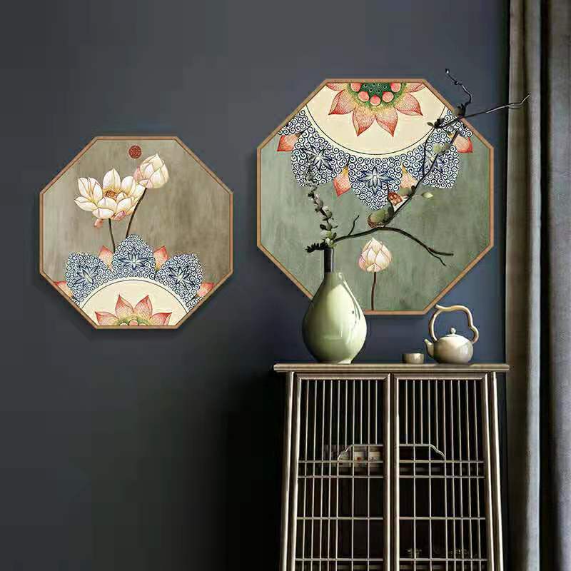 新中式花鸟挂画八边形复古餐厅玄关装饰画沙发背景墙禅意简约壁画