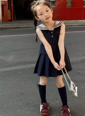 韩版童装女童学院风连衣裙夏装2026新款小女孩时髦网红蓝色背心裙