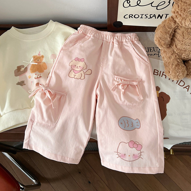 女童春装粉色裤子2026新款女宝宝卡通蝴蝶结大口袋韩版宽松直筒裤