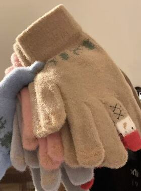 新年圣诞节礼物红色毛线手套女冬季加厚保暖防寒全指针织可触屏