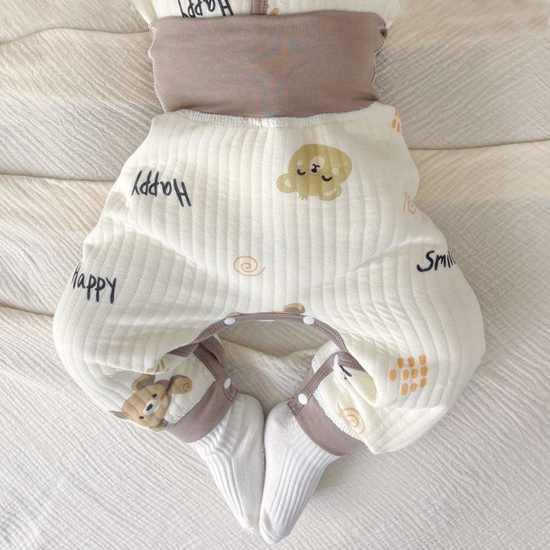 婴儿高腰保暖裤春秋装夹绵大屁屁裤男女宝宝按扣开档冬季打底睡裤