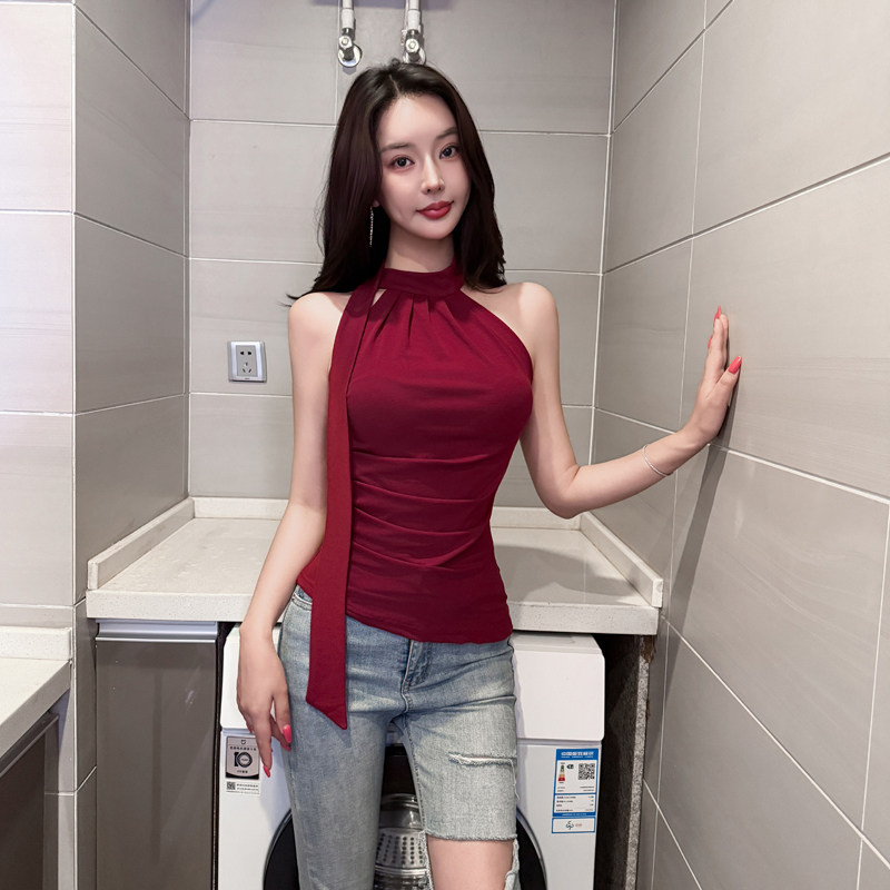 所菲儿 飘带挂脖抹胸背心女外穿不规则辣妹露背性感吊带无袖上衣