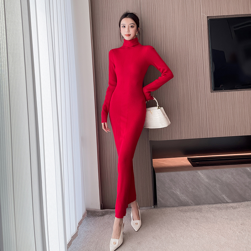 秋冬气质显身材高领连衣裙针织裙