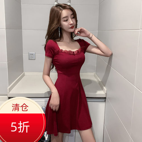 赫本风方领高腰性感连衣裙