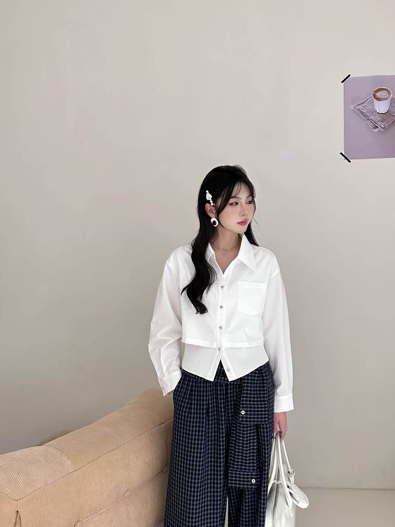 2026春新款时尚翻领假两件衬衫女百搭显瘦长袖洋气短款上衣