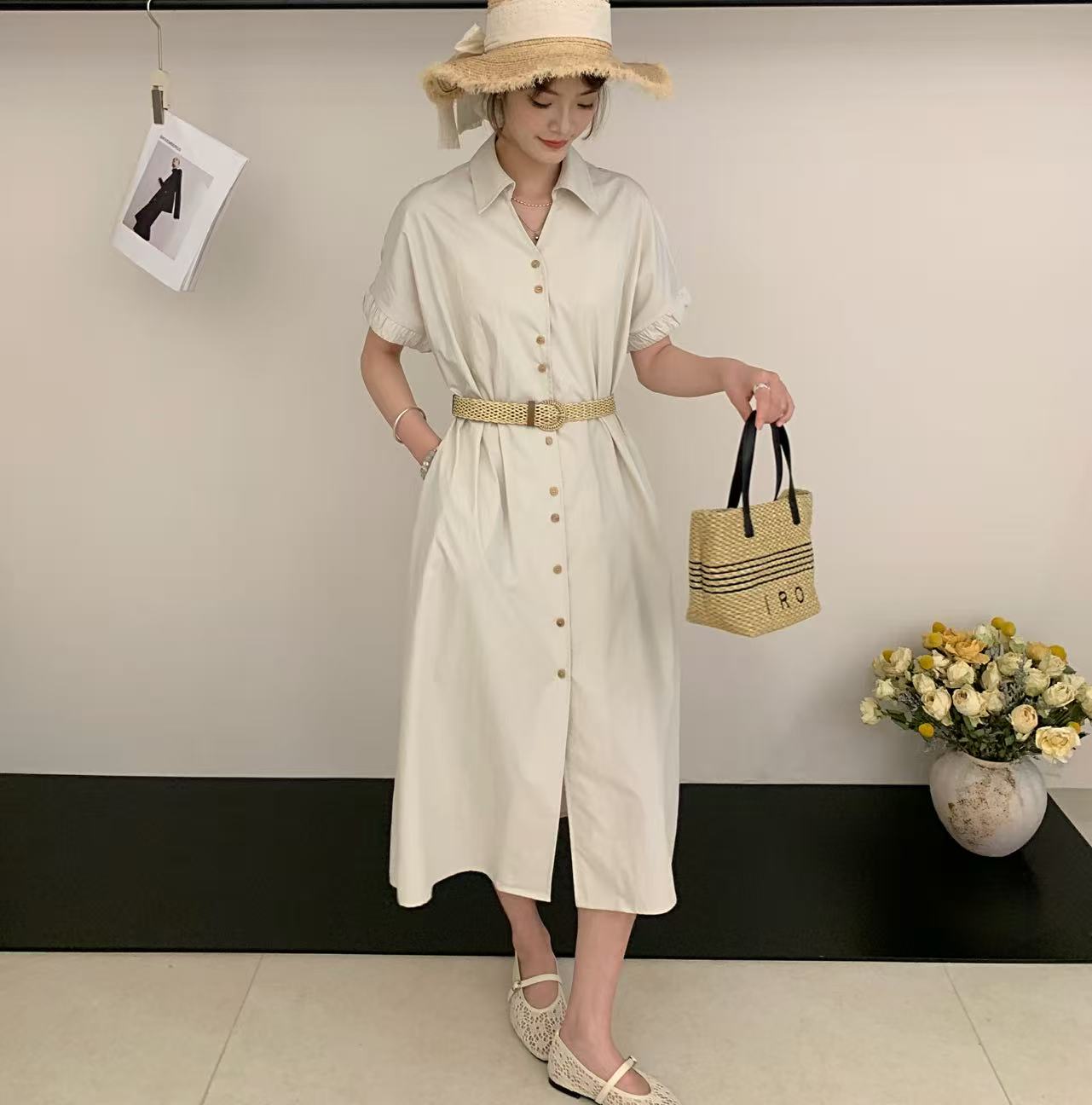 2026夏新设计感收腰衬衫裙甜美系带中长款A字裙女连衣裙