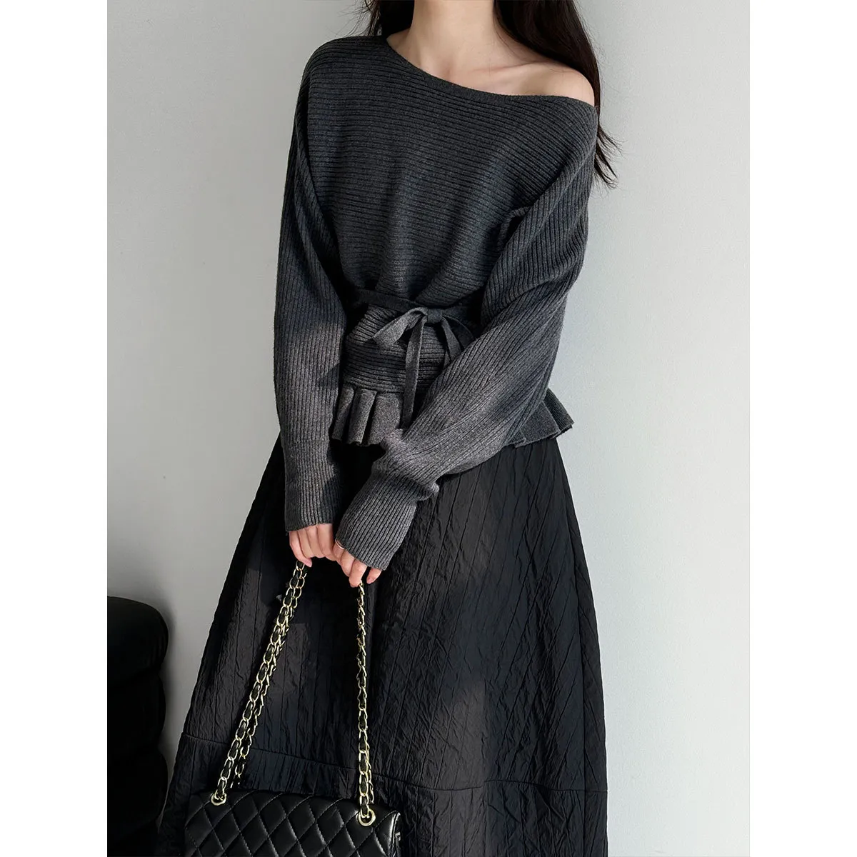 法式韩系荷叶边拼接系带套头针织衫女秋冬一字肩慵懒毛衣ss9