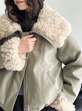 法式大翻领羊羔卷毛短款加厚皮外套女冬季90白鸭绒派克羽绒