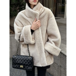 法式 麂皮内里高级感毛毛外套5 韩系环保貂毛立领仿皮草女冬季