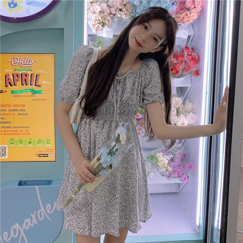 Real price French temperament blue show white waist soft floral dress