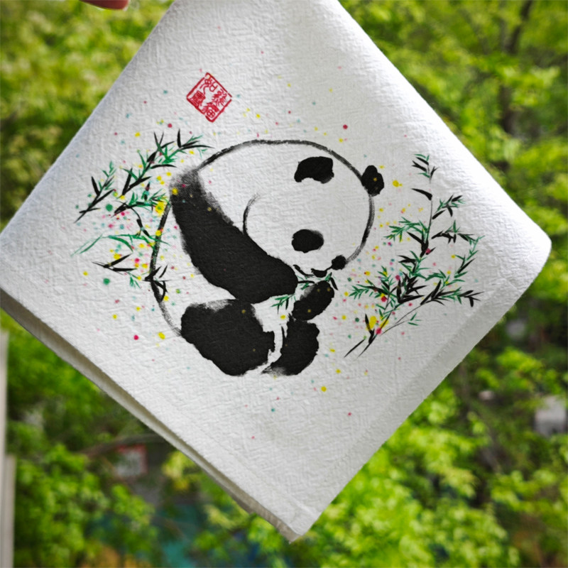 文创熊猫手绘礼物国风礼品送老外出国留学彩绘熊猫手帕小方巾手绢