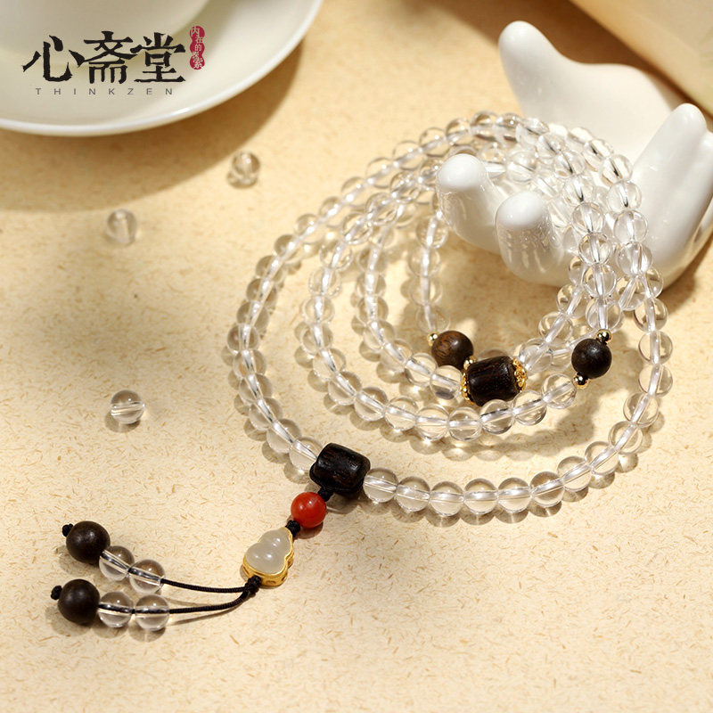 心斋堂【白度母】天然净体白水晶手串108颗沉香佛珠玉石葫芦手链