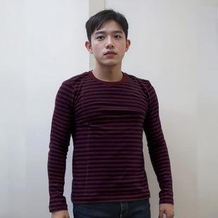 秋季 T恤衫 纯棉时尚 条纹圆领针织打底长袖 潮8831254 修身 班尼路男装