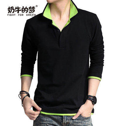 奶牛的梦2017新款男士长袖T恤翻领修身POLO衫大码男装纯色体恤男