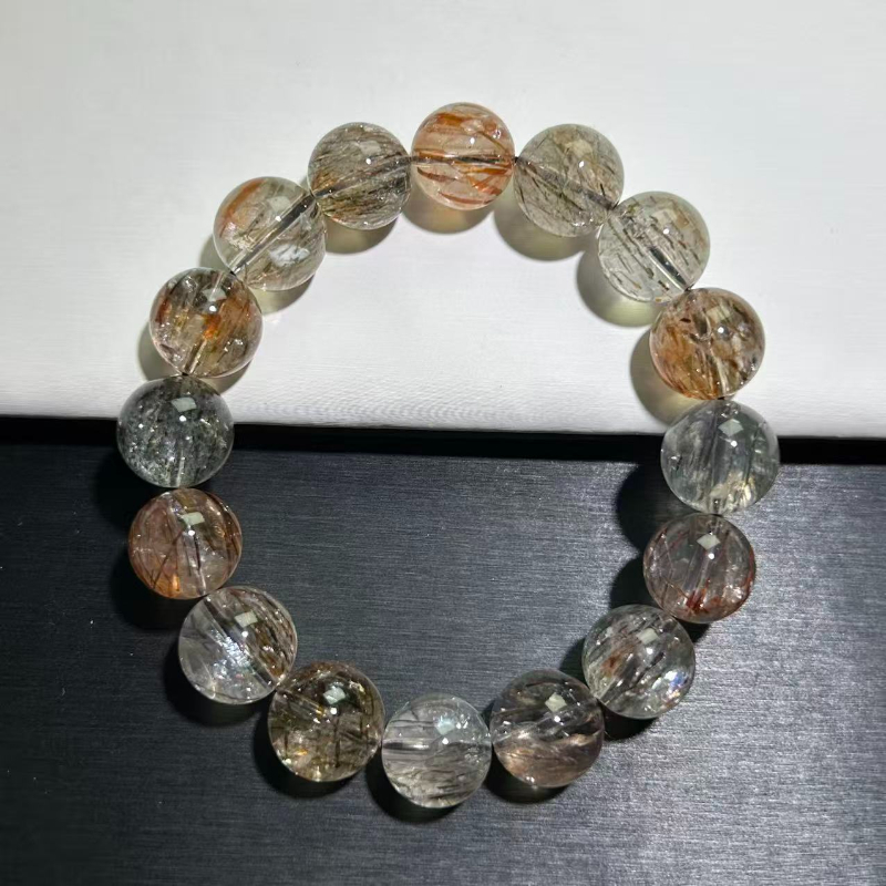 黑金超水晶手串黑金水晶超七手链百搭黄发晶男女情侣金发晶手链