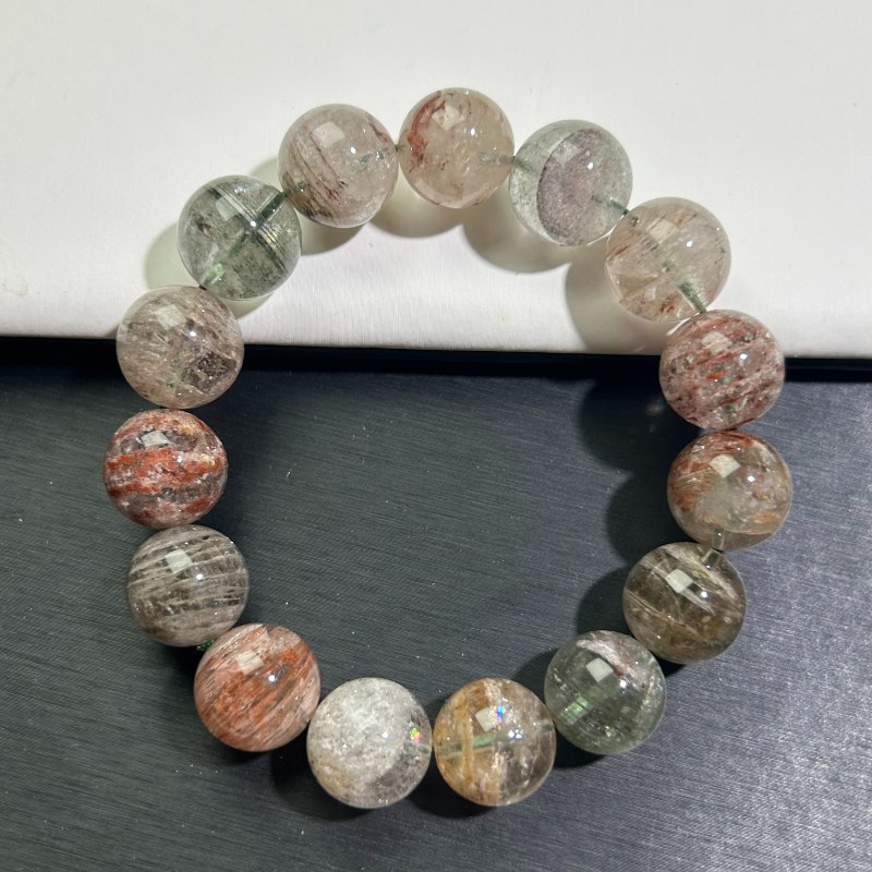 天然千层四季幽灵水晶手串满矿四季幽灵深绿幽灵串珠手链一物一拍