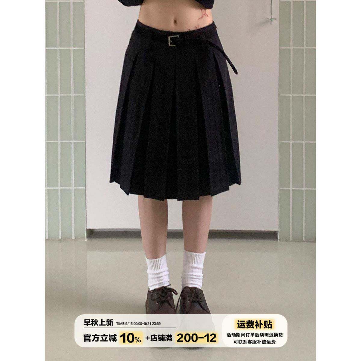 橘子树在哪儿黑色五分半身裙女秋季学院风百搭显瘦气质a字百褶裙