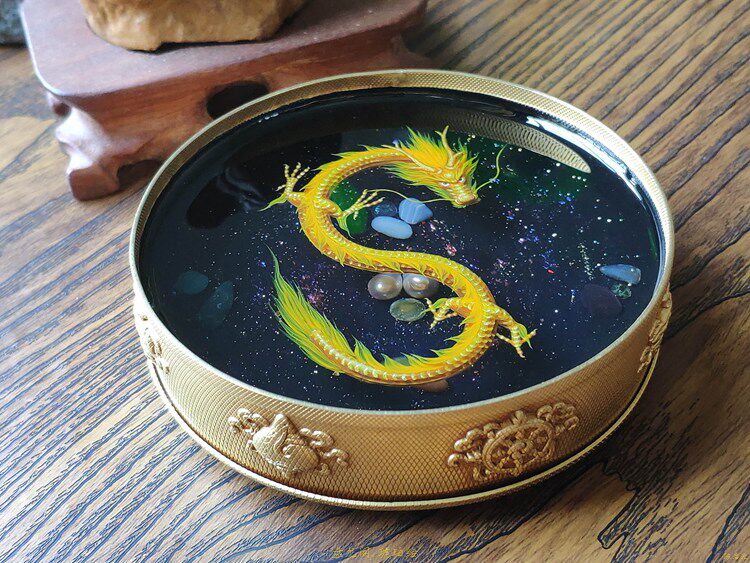 中国龙摆件宇宙星空金龙七堆曼扎铜盘 琥珀绘Chinese Dragon