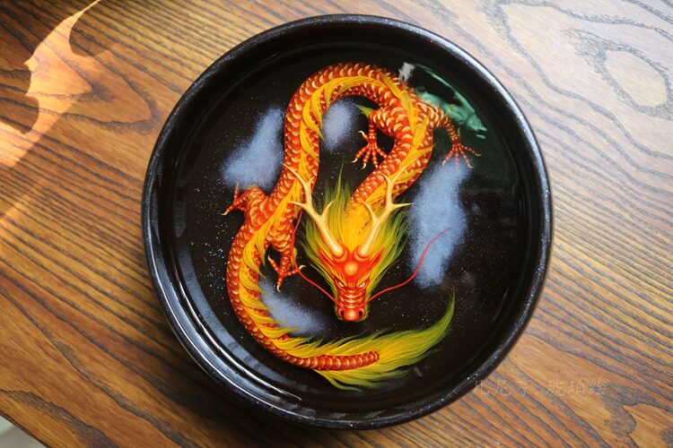 尖角红火中华龙 立体手绘摆件 盘龙阁琥珀绘树脂画Chinese Dragon