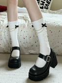 春夏季 立体蝴蝶结芭蕾miu风袜子女珍珠配饰小腿袜配玛丽珍小皮鞋