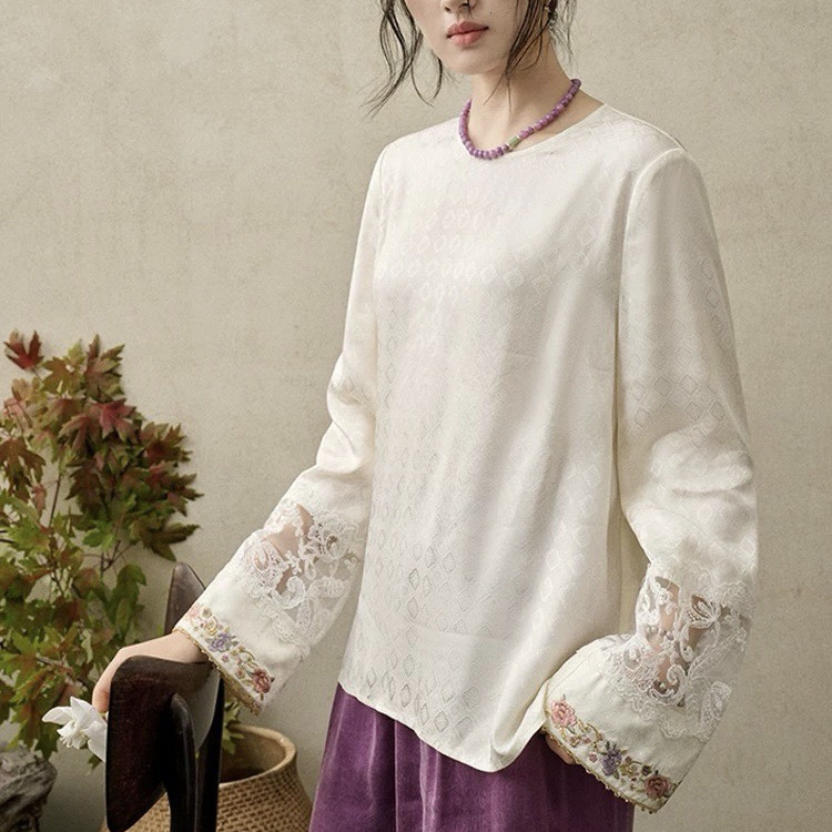 26年春款新中式缎面提花衬衫刺绣袖口拼接钉珠上衣超好看显瘦小衫