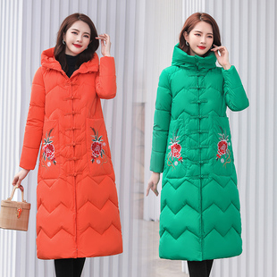 2021新款冬季长款过膝中国风刺绣花棉服女唐装旗袍民族风外套棉袄