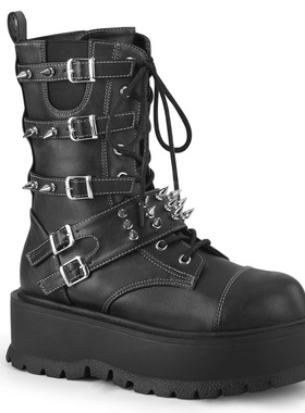 美国代购Pleaser/Demonia5.1cm松糕底侧拉链马丁靴铆钉皮带扣装饰