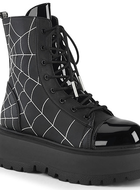 美国Pleaser/Demonia5.1cm黑色亚光厚底短筒靴蜘蛛网刺绣休闲女靴