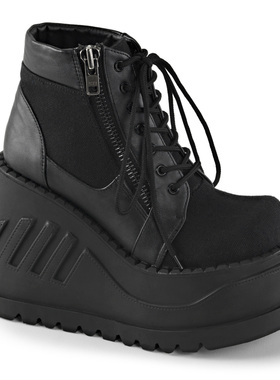 美国Demonia12.1cm黑色皮革踝靴外侧拉链系带厚底条纹短筒靴女靴