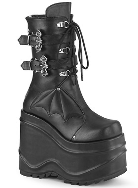 美国Pleaser/Demonia15.2cm黑色系带厚底靴后拉链短靴蝙蝠扣女靴
