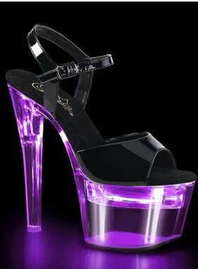 美国Pleaser17.8cm防水台高跟凉鞋LED7种变色灯光系带钢管舞鞋