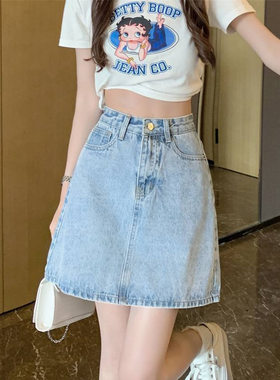 牛仔半身裙女2022春夏季新款学生韩版短裙高腰松紧显瘦a字裙子潮