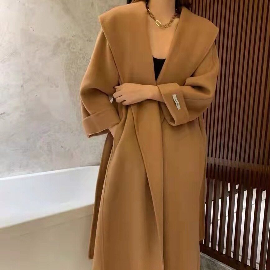 新款双面羊毛绒大衣女 气质长款腰带大领子宽松羊毛双面毛呢外套