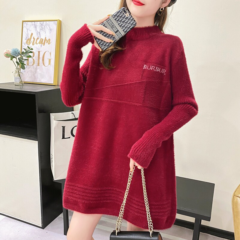출산 스웨터 중간 길이 가을 겨울 모조 밍크 벨벳 아우터 드레스 유행 엄마 느슨한 두꺼운 탑 바닥 셔츠