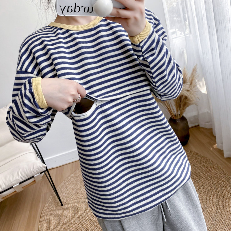 출산 운동복 봄 가을 한국 스타일 패션 느슨한 대형 긴팔 탑 중간 길이 가을 줄무늬 바닥 셔츠