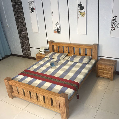 鲁班一木榆木实木床现代简约单人床1.8 1.5米双人卧室主卧床家具