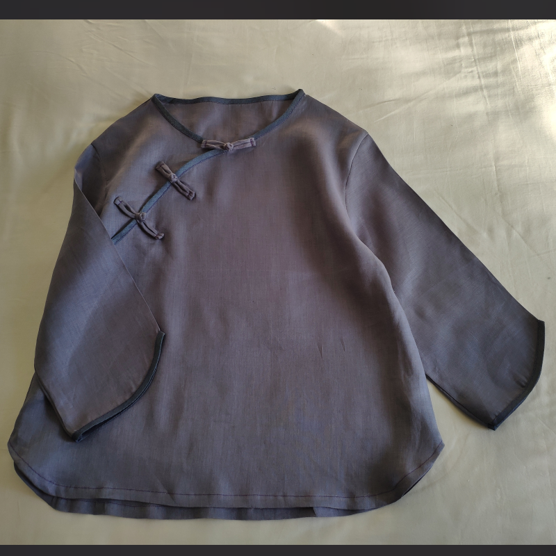原创自制春夏秋款V领套头斜襟亚麻短旗袍上衣女中袖茶服衬衫
