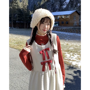 复古可爱甜美别致奶甜连衣裙白色背带背心裙女冬季 罐头士多所