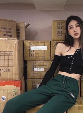 欧美ins辣妹长袖紧身T恤斜肩设计高腰短款露脐超短纯色修身打底衫