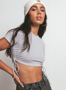 欧美显身材腰细显胸大抽绳好穿不挑人高腰短款紧身T恤女百搭上衣