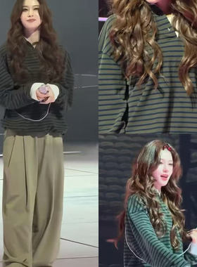 爱豆sana凑崎纱夏同款绿色条纹长袖T恤polo衫女宽松上衣下摆抽绳