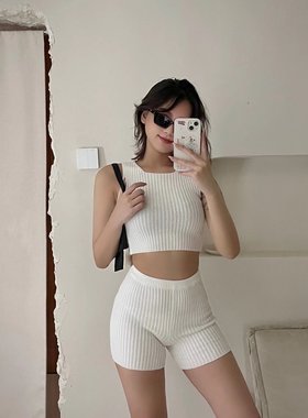 时尚欧美辣妹ins性感设计针织修身背心短裤套装夏季毛线无袖圆领